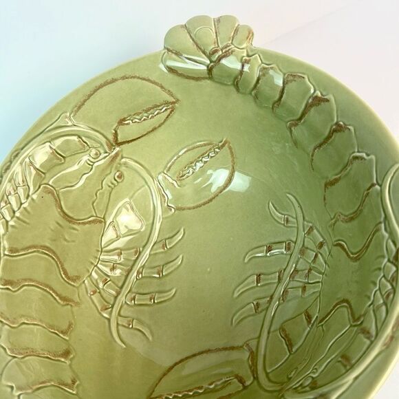 Magenta Pottery Handle Serving Salad Bowl Lobster Design Ceramic Olive Green - Picture 4 of 11